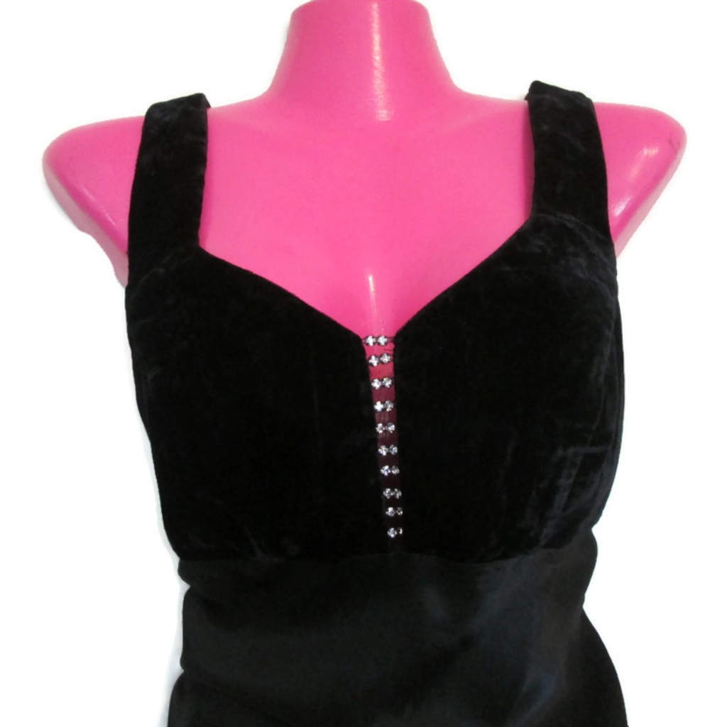 1990s Vintage Sexy Black Velvet Rhinestone Dress